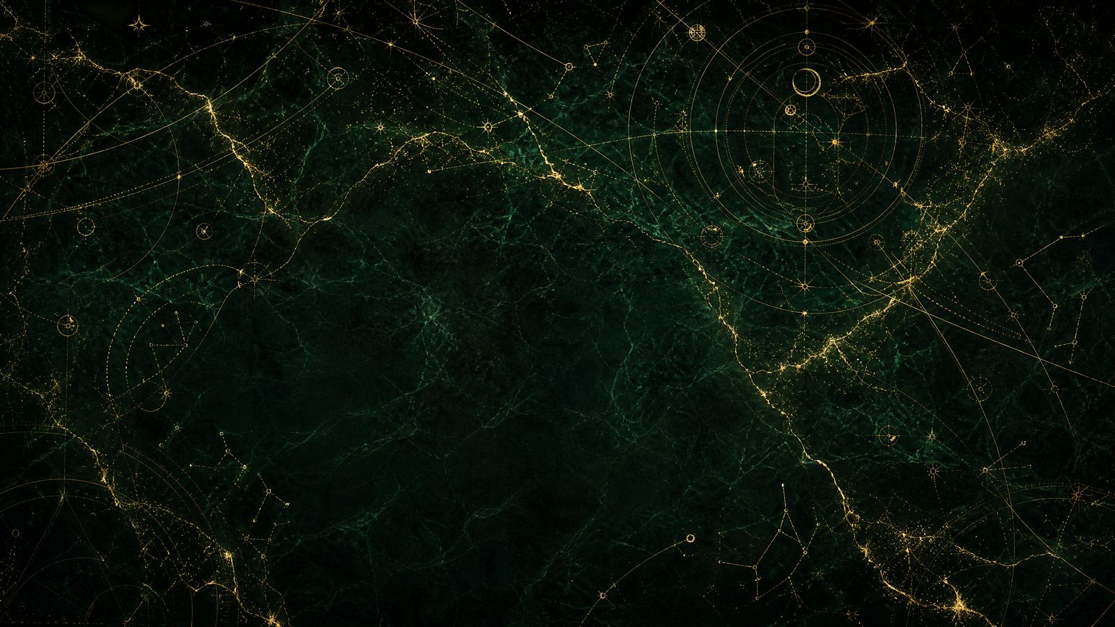 Concept art of gold constellation patterns running across deep jade marble